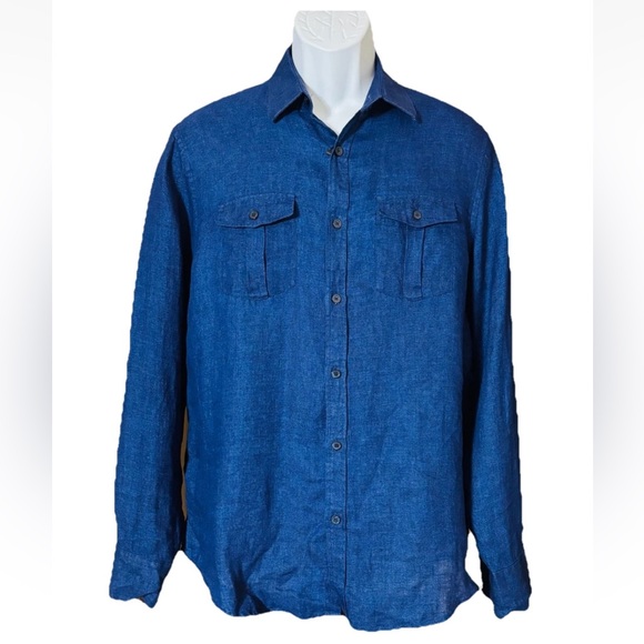 Baird McNutt Murano Linen Shirt Mens M Slim Fit Button Up Roll Tab Sleeve Blue - Picture 1 of 14